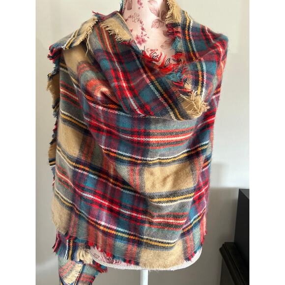 Vintage Plaid Scarf Wrap Red Aqua Tan Large - Picture 3 of 4